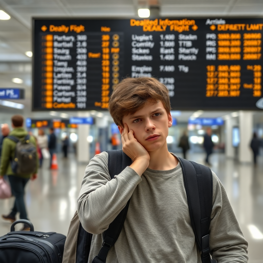 Stressed student traveler at an airport departure board