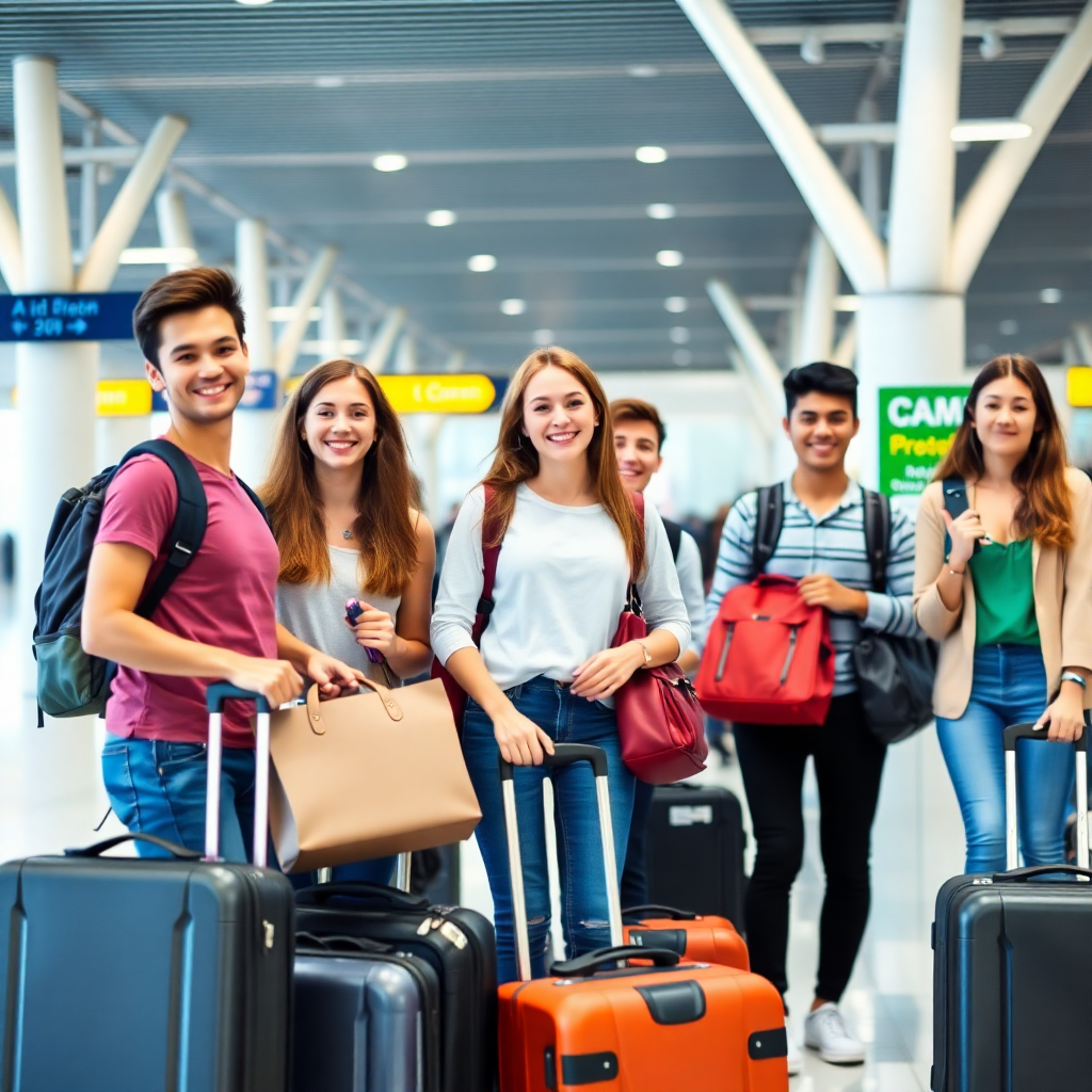 International students with luggage at an airport